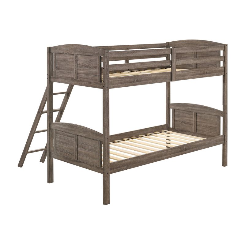 Twin Over Twin Bunk Beds, Curved Headboards, Ladder, Straight Legs, Brown-Benzara
