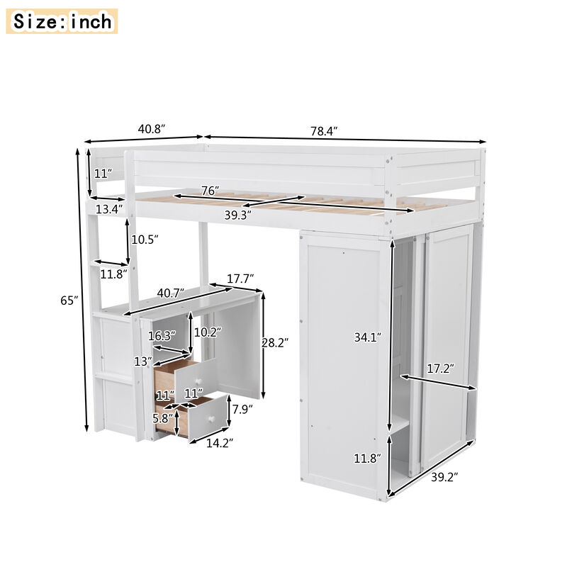 Merax Wood  Loft Bed with Wardrobes and  Cabinet