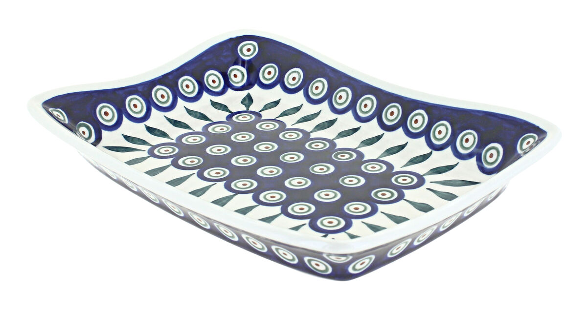 Blue Rose Polish Pottery Peacock Large Rectangular Tray