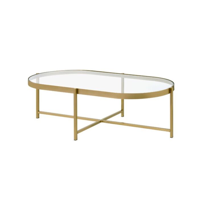 Yadlio Coffee Table, Clear Glass & Gold Finish - Elegant Oval Design with Tempered Glass Top and Cross Metal Base - Modern Aesthetics