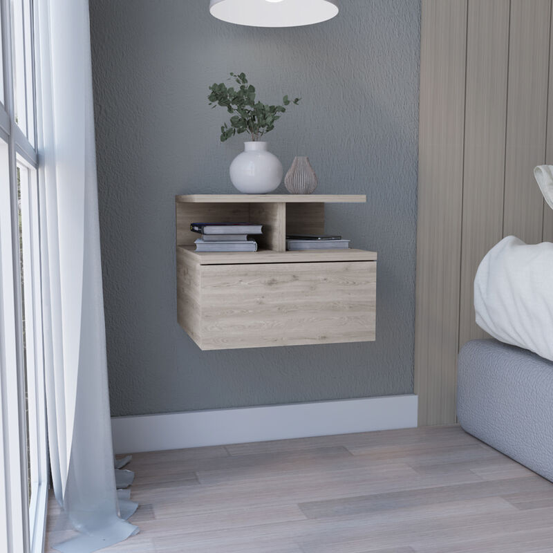 Floating Nightstand 12"H, Wall Mounted with Single Drawer and 2-Tier Shelf, Light Gray