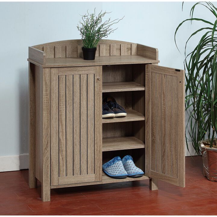Slatted Pattern Shoe Cabinet With Molded Top, Brown-Benzara