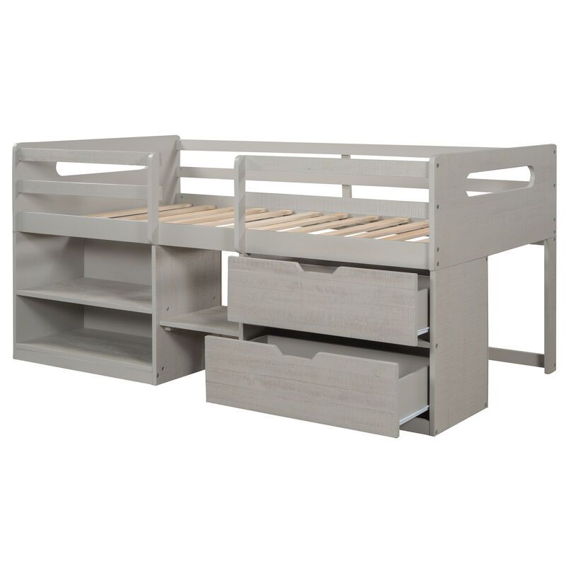 Twin size Loft Bed with Two Shelves and Two drawers (White)