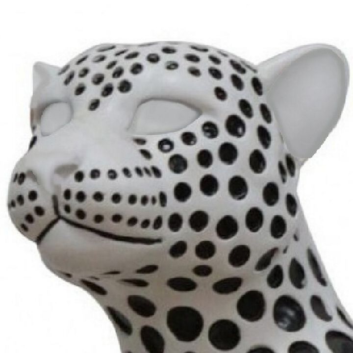 Cid 24 Inch Modern Polyresin Leopard Sculpture Decor, Dotted, White, Black-Benzara