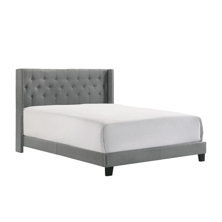 Lih Modern Wingback Queen Bed, Button Tufted Headboard, Nailhead Trim, Gray - Benzara