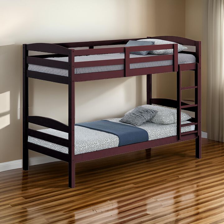 Sifa Twin Bunk Bed, Convenient Ladder, Arch Slat Design, Espresso Brown