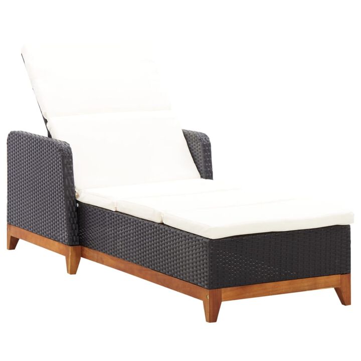vidaXL Weather-Resistant Sun Lounger - Black Poly Rattan Outdoor Reclining Sunbed with Solid Acacia Wood Base and Removable Cushion