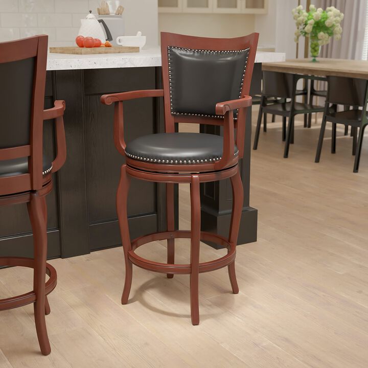 Flash Furniture Vestina 30'' High Cherry Wood Barstool with Arms, Panel Back and Black LeatherSoft Swivel Seat