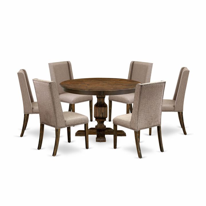 East West Furniture F3FL7-716 7Pc Dinette Set - Round Table and 6 Parson Chairs - Distressed Jacobean Color