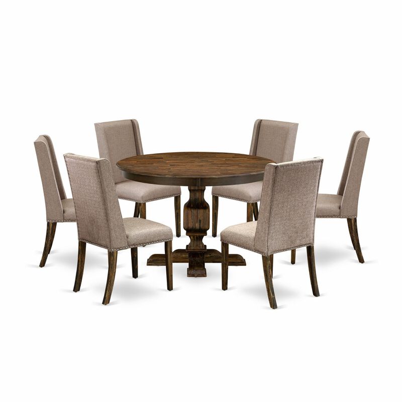 East West Furniture F3FL7-716 7Pc Dinette Set - Round Table and 6 Parson Chairs - Distressed Jacobean Color