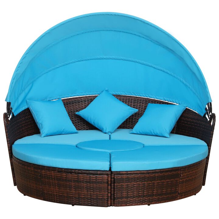 Rattan Patio Furniture Set 4-Piece Round Convertible Daybed Sunbed Adjustable Sun Canopy Sectional Sofa 2 Chairs Table 3 Pillows Blue