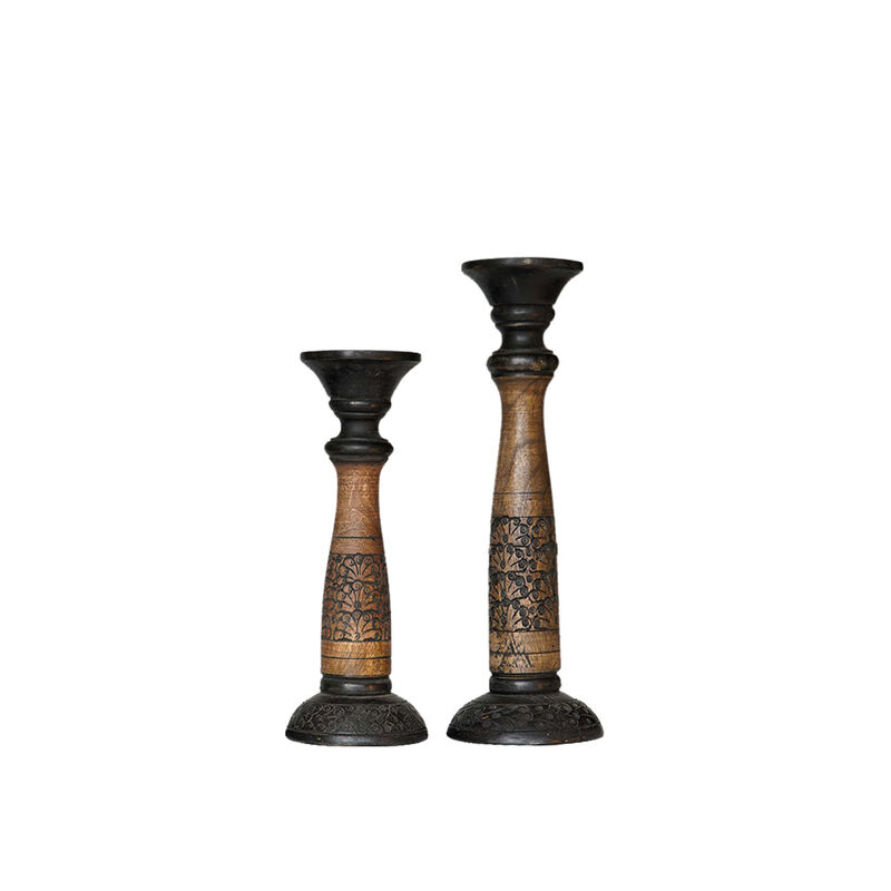 Traditional Black Wash Eco-friendly Handmade Mango Wood Set Of Two 12" & 15" Pillar Candle Holder