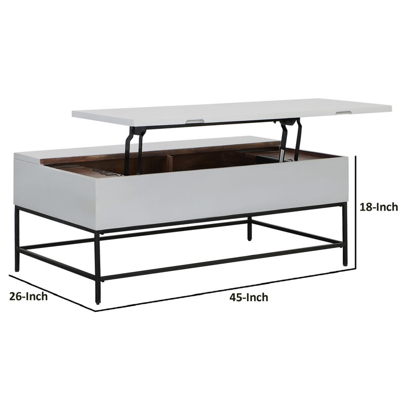 45 Inch Rectangular Mango Wood Coffee Table, Lift Top Storage, Iron Frame, White, Black