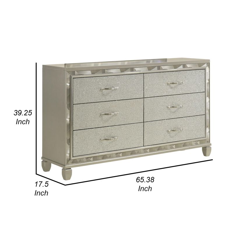 Benjara Bet 65 Inch Dresser, 6 Rhinestone Inlaid Drawers, Handles, Silver, Chrome