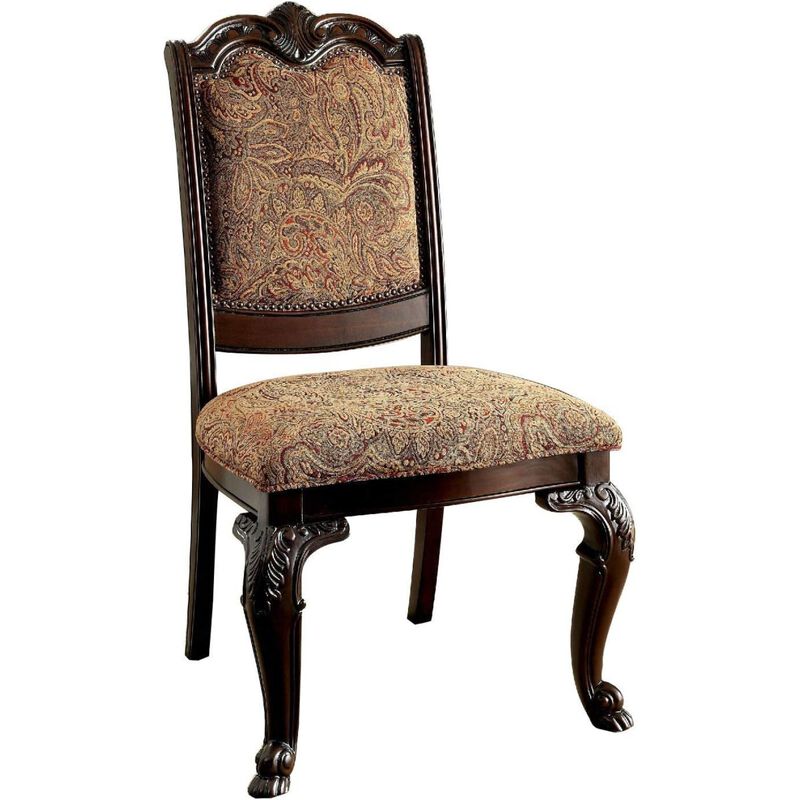 Traditional Formal Set of 2 Side Chairs Brown Cherry Solid wood Chair Padded Fabric Upholstered Seat Kitchen Dining Room Furniture