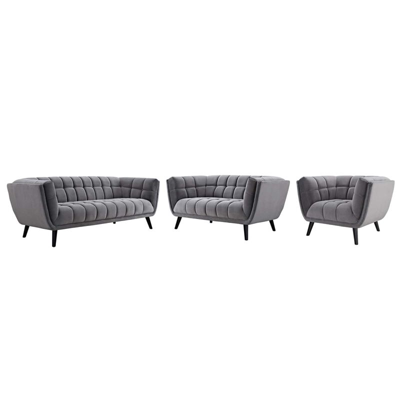 Bestow Performance Velvet Living Room Set - Luxurious, Wide Profile, Soft & Durable Upholstery, Button Tufting, Black Wood Legs. Includes Armchair, Loveseat, Sofa. Perfect for Mid-Century, Modern Farmhouse, Contemporary Decor.