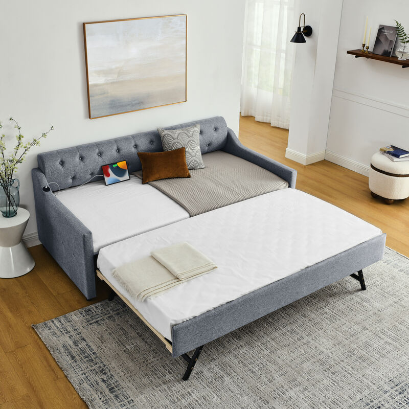 Twin Size Upholstery Day Bed with Twin Size Erectable Trundle and USB Charging Design, Linen Grey