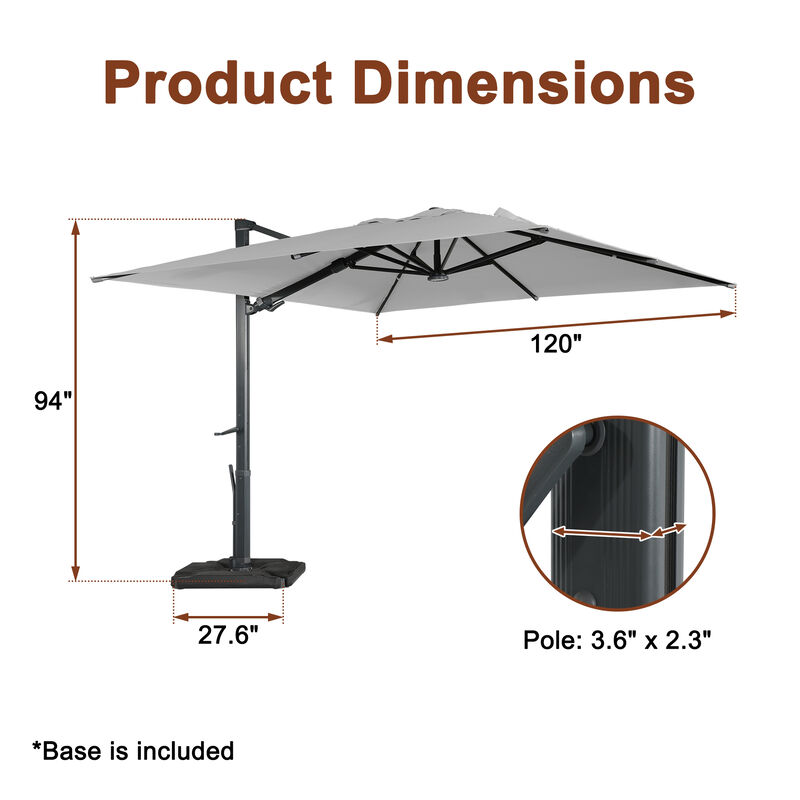 MONDAWE 10 ft. Square Outdoor Cantilever Umbrella Aluminum Frame Tilting Parasol with Detachable Bluetooth LED Light Panel and Weighted Based