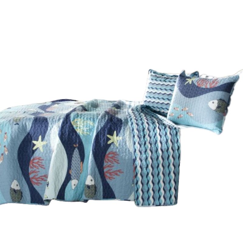 QuikFurn Twin Blue Serenity Sea Fish Coral Coverlet Quilt Bedspread Set