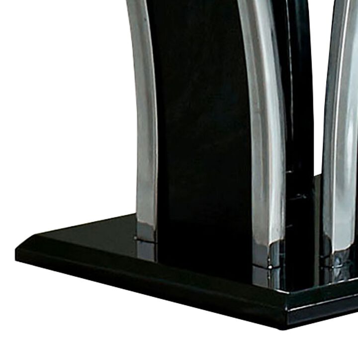 Chrome Trim Flared Base End Table with Glass Top, Black and Silver-Benzara