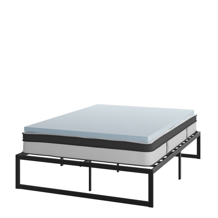 Leo 14 Inch Metal Platform Bed Frame with 10 Inch Pocket Spring Mattress in a Box and 2 Inch Cool Gel Memory Foam Topper - Queen