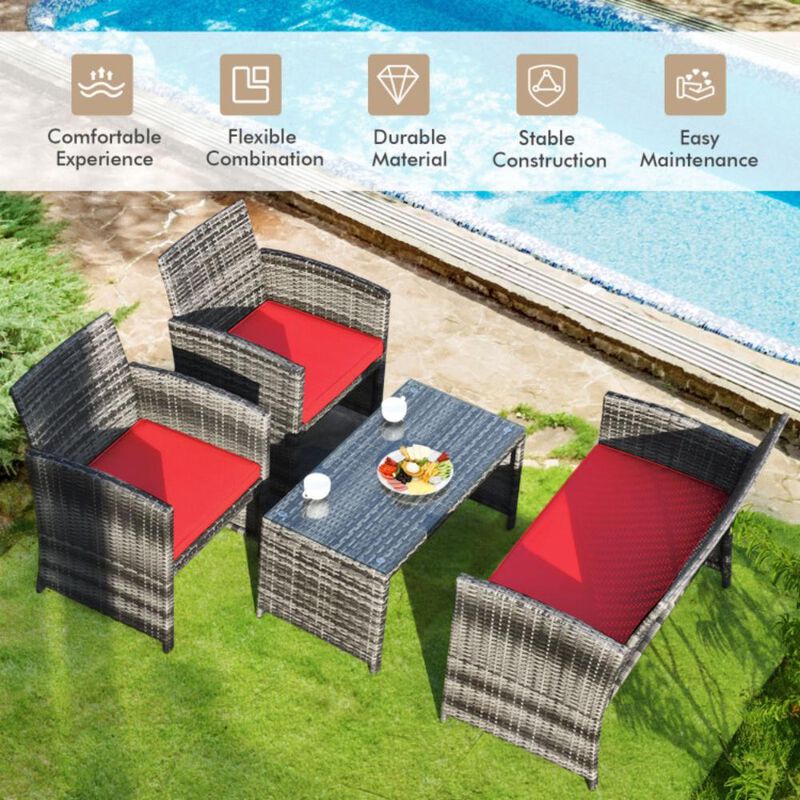 Hivvago 4 Pieces Patio Rattan Furniture Set with Glass Table and Loveseat