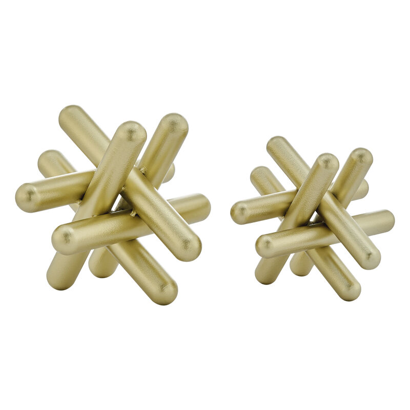 Small and Medium Abstract Gold Finish Textured Metal Geometric Sculptures - Set of 2