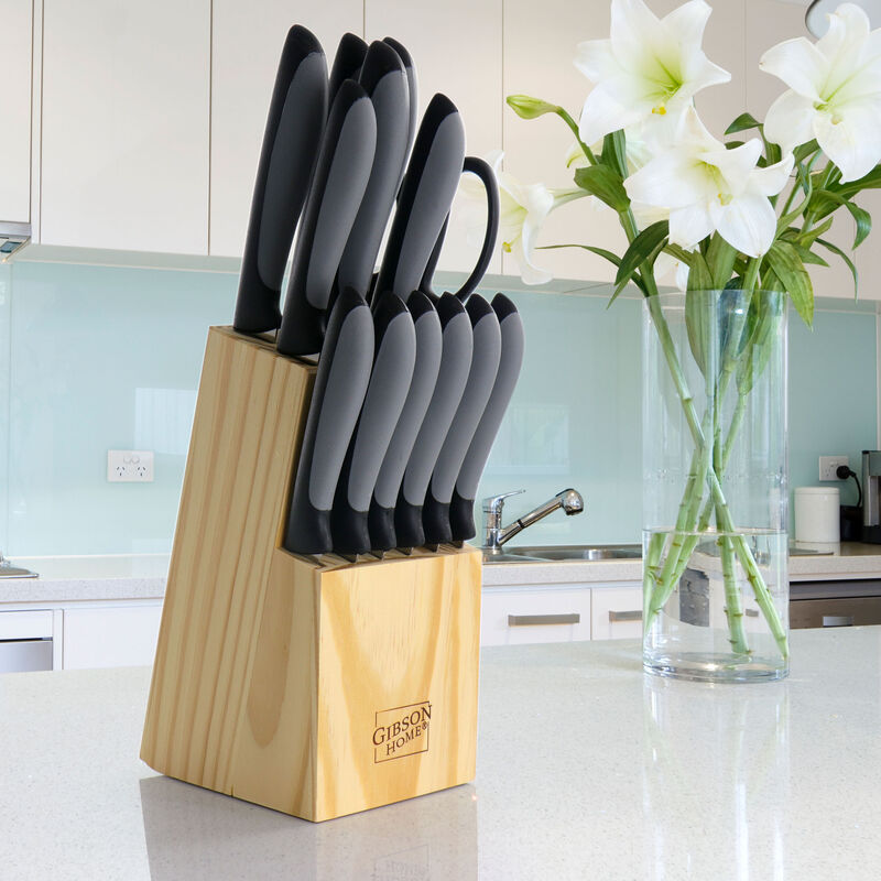 Gibson Home Dorain 14 Piece Stainless Steel Cutlery Set in Black with Wood Block