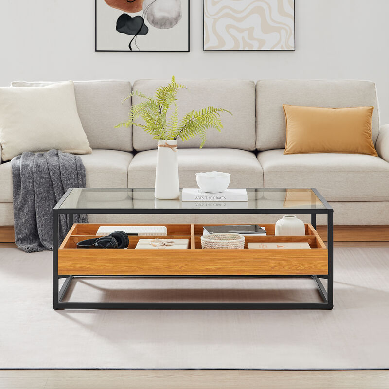 Saarinen Two-Level Modern Sunken Glass Display Shelf Rectangle Low Coffee Table