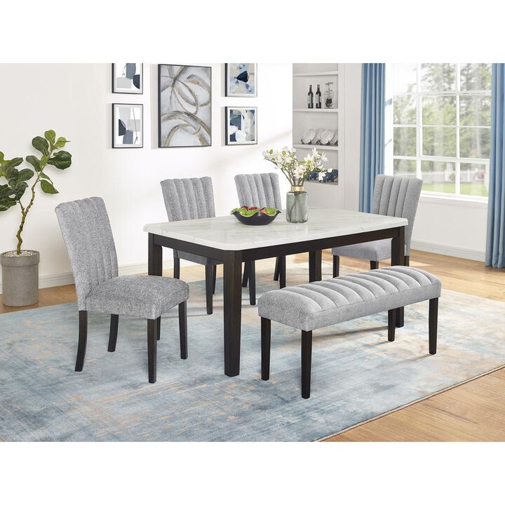 6-piece dining set with 1 white table, 4 side chairs, and 1 bench