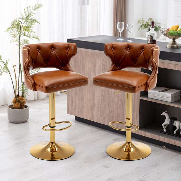 Bar Stools With Back and Footrest Counter Height Dining Chairs -Leather Brown-2 PCS/SET