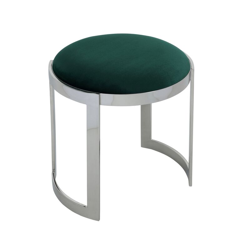 Niyo 19 Inch Accent Stool Ottoman, Round Seat, Soft Green Velvet, Silver - Benzara