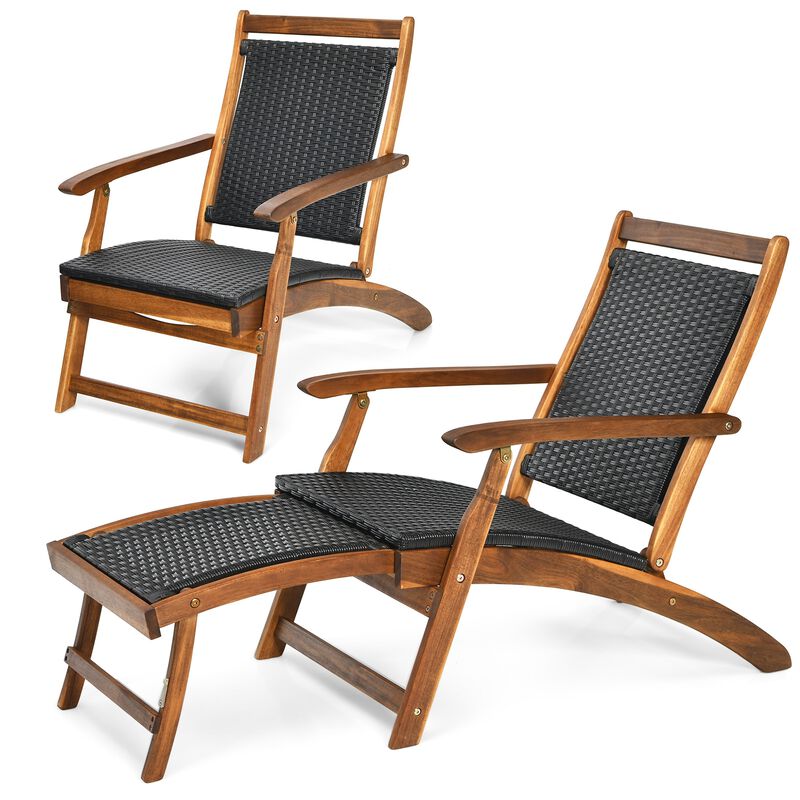 Patio Rattan Folding Lounge Chair with Acacia Wooden Frame Retractable Footrest