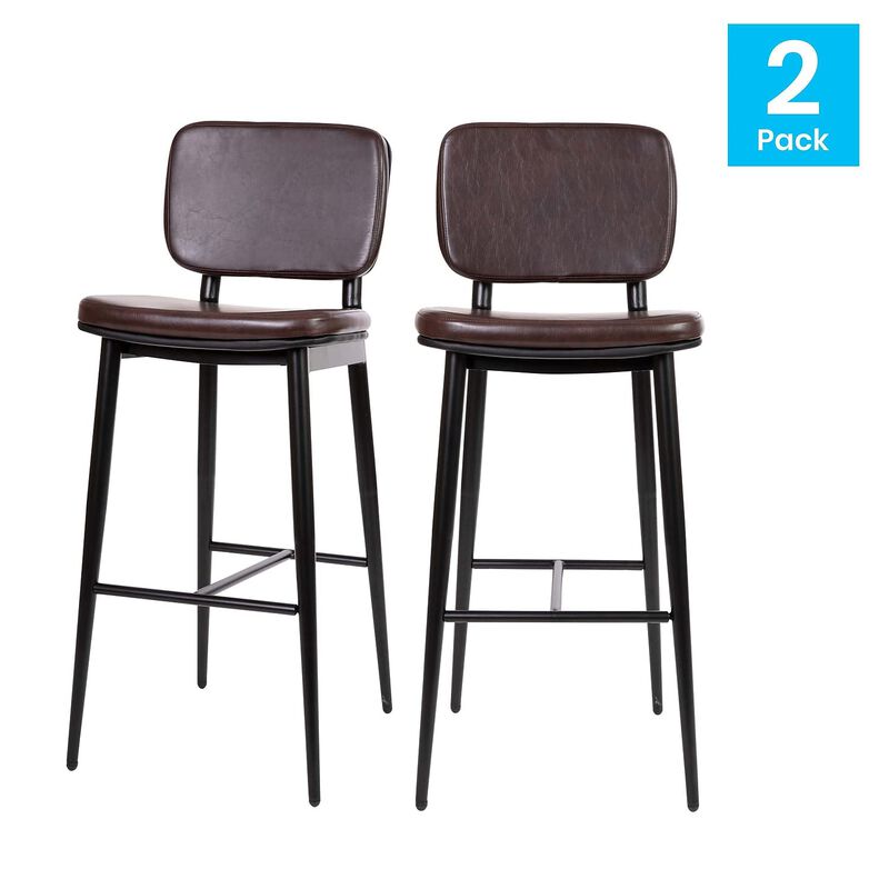 Flash Furniture Kenzie Commercial Grade Mid-Back Barstools - Brown LeatherSoft Upholstery - Black Iron Frame with Integrated Footrest - Set of 2