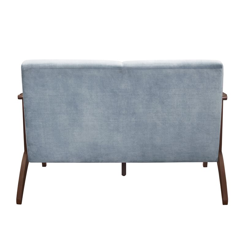 Rica 51 Inch Loveseat, Soft Blue Gray Velvet, Walnut Brown Solid Wood - Benzara