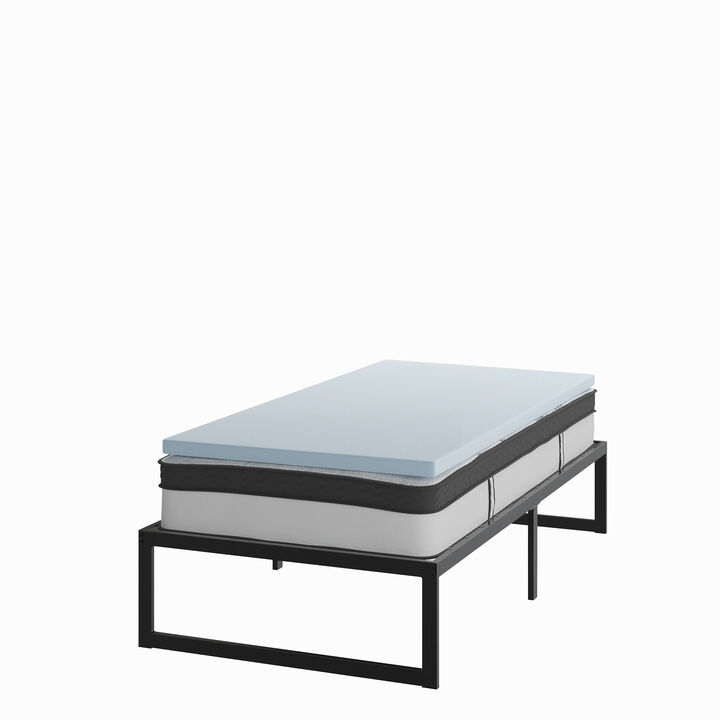Leo 14 Inch Metal Platform Bed Frame with 10 Inch Pocket Spring Mattress in a Box and 2 Inch Cool Gel Memory Foam Topper - Twin