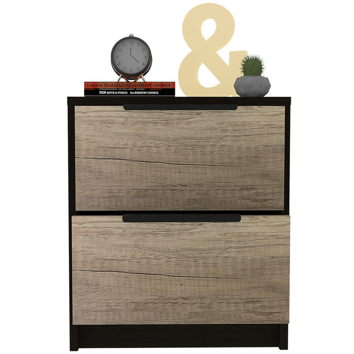 Kaia Nightstand, Two Drawers, Metal Handle -Black / Pine