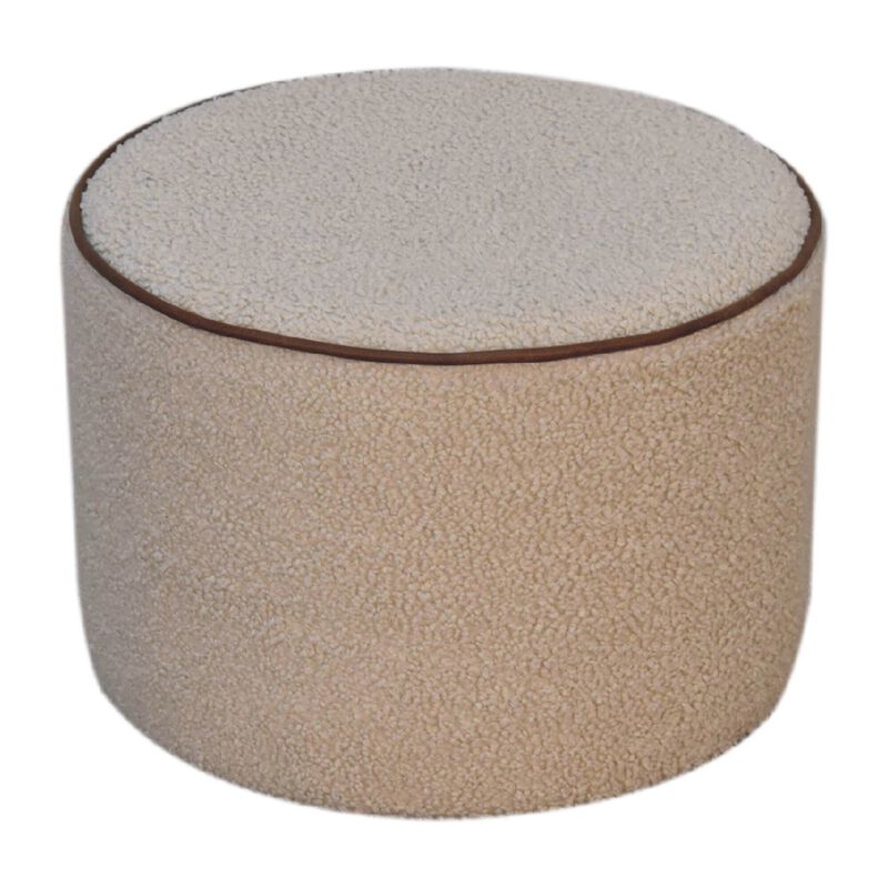 Solid Wood Boucle Round Footstool with Bufallo Leather Piping