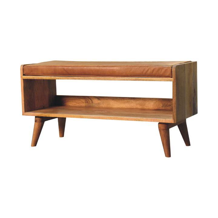Artisan Furniture  Solid WoodOak-ish Bench with Tan Leather Seat-pad