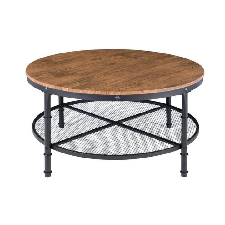 Hivvago FarmHome Industrial Wood Steel Coffee Table 2-Tier Round with Storage Shelves