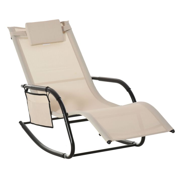 Cream White Outdoor Rocking Chair, Patio Sling Sun Lounger, Recliner Rocker, Lounge Chair with Detachable Pillow for Deck, Garden or Pool