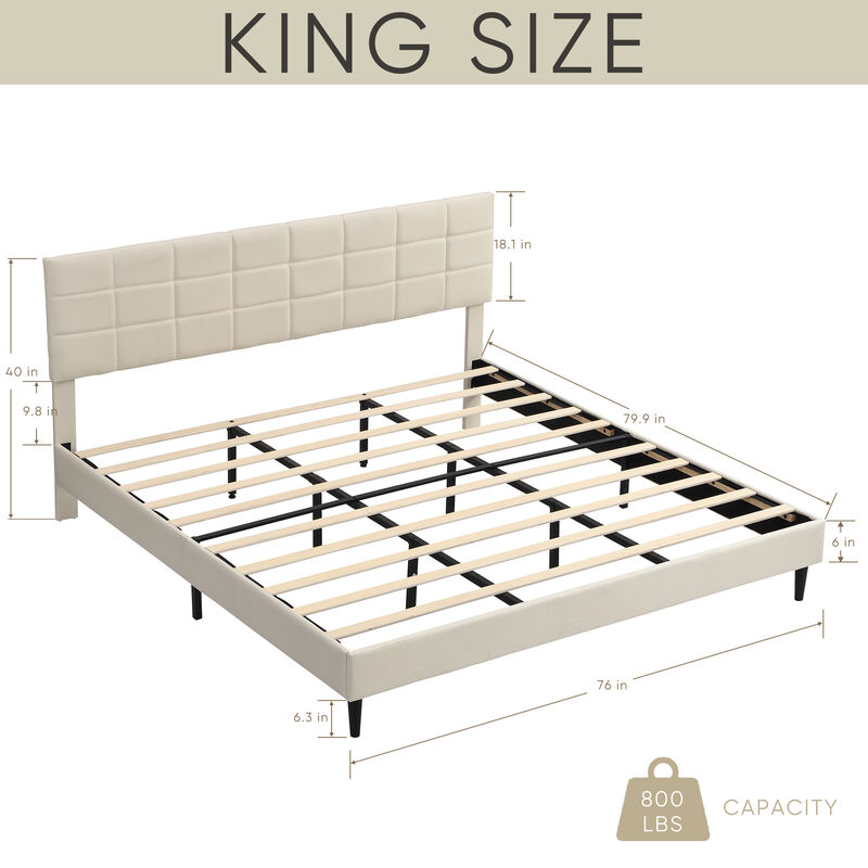 King Size Platform Bed Frame with Upholstered Headboard