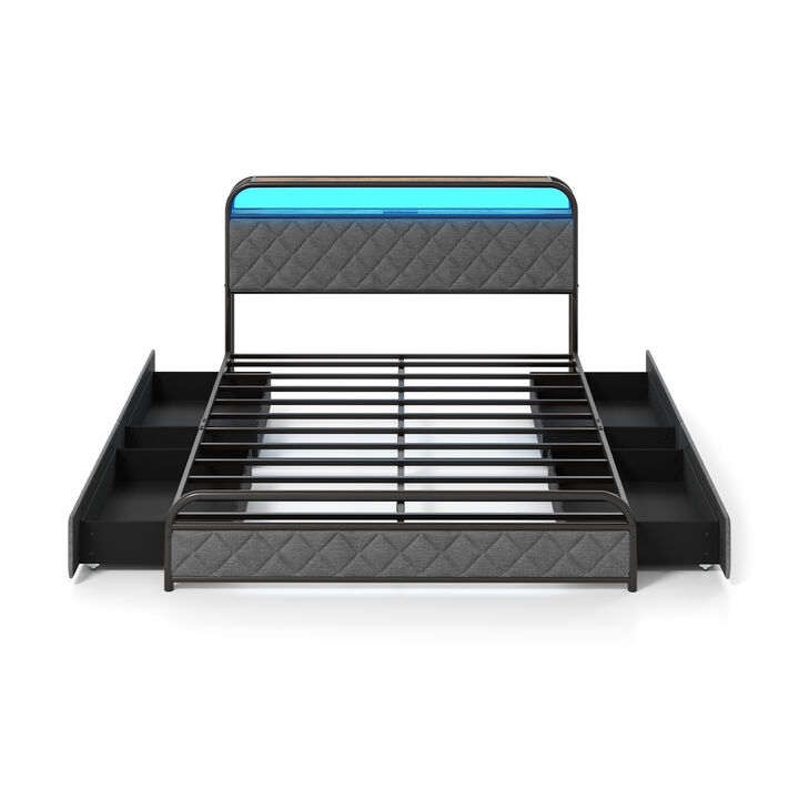 Storage Platform Bed with LED Headboard Lights and Charging Station – Tech-Ready Bedroom Frame