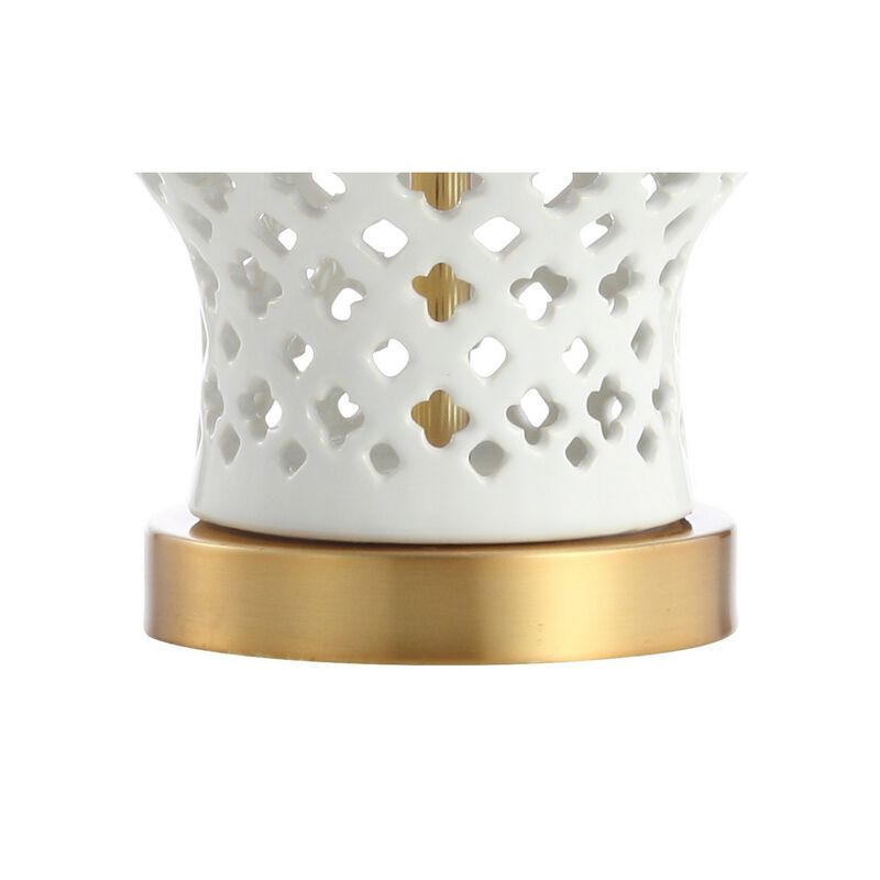 Quatrefoil Fretwork 20.5" Pierced Ginger Jar Ceramic/Metal LED Table Lamp, White
