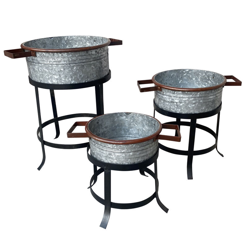 21, 18, and 16 Inch 3 Piece Round Tub Metal Planter Set with Stand in Galvanized Gray and Black Iron-Benzara