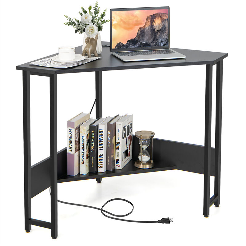 Costway Triangle Computer Desk Corner Desk Home Office w/Power Outlets USB Ports Black