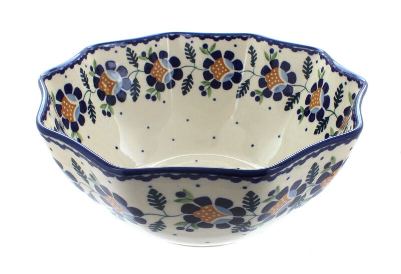 Blue Rose Polish Pottery Red Daisy Small Decagonal Serving Bowl