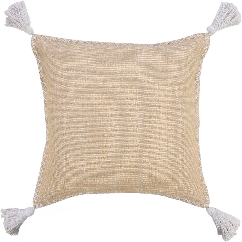 20" Tan and White Stonewash Embroidered Edge Square Throw Pillow with Tassels