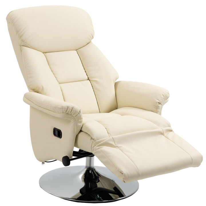 HOMCOM Manual Recliner Chair for Adults, Adjustable Swivel Recliner with Footrest, Padded Arms, PU Leather Upholstery and Steel Base for Living Room, Cream White