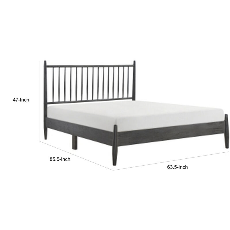 Lika Queen Size Platform Bed, Vertical Slatted Headboard, Gray Finish - Benzara